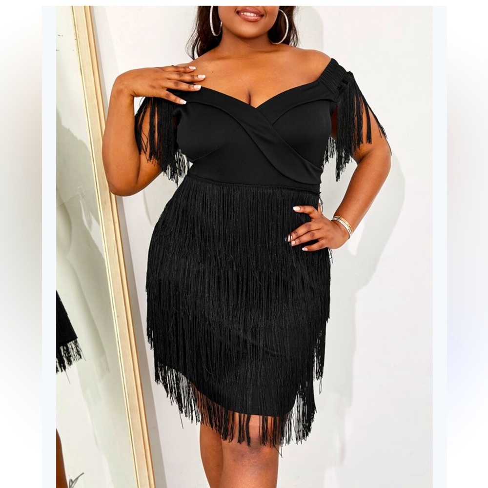 SHEIN Slaydiva Black Fringe Trim Off Shoulder Dress